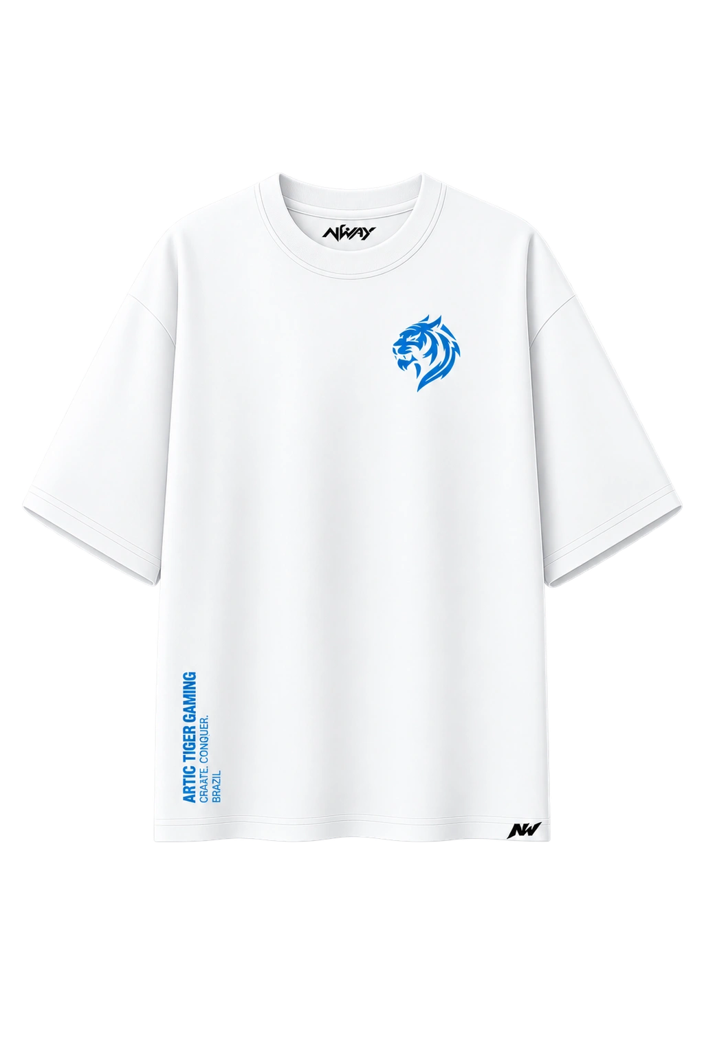 Camiseta branca NWAY × Artic Tiger com tigre azul no peito